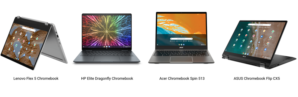 Four Chromebooks are shown in a row on a white background. They are labeled, from left to right: Lenovo Flex 5 Chromebook, HP Elite Dragonfly Chromebook, Acer Chromebook Spin 513, ASUS Chromebook Flip CX5