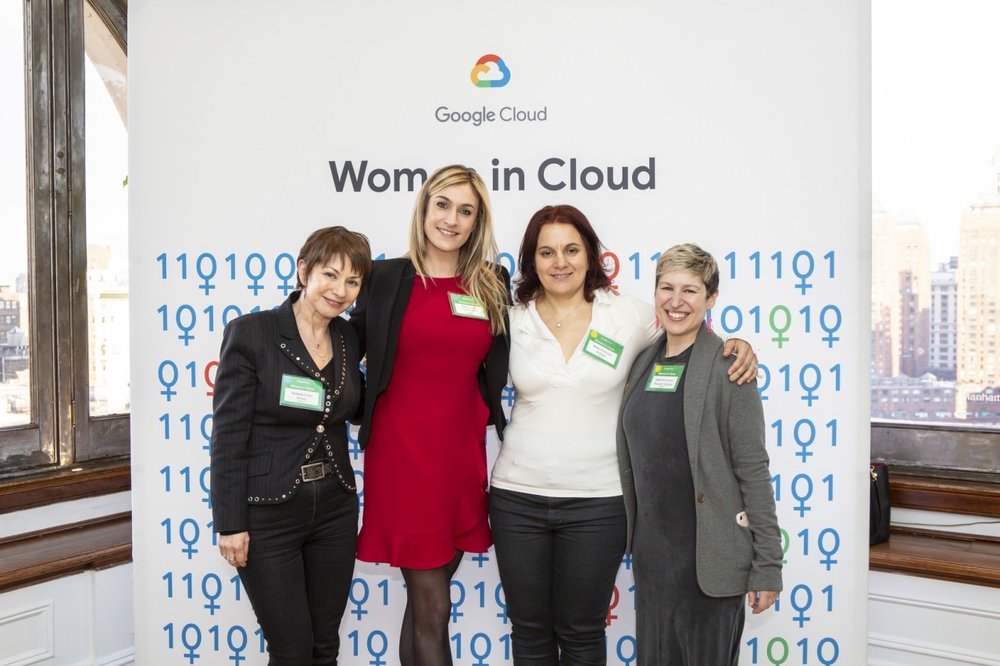 A photo of Ingrid Gonzalez, Sales Director at Google Cloud New York, President and Chairwoman at Positive Planet US; Lee Bonvissuto, Communication Coach + Founder at PresentVoices; Anna Nerezova, Women Techmakers Ambassador; and Victoria Fuller, Senior Vice President, Business Development at artnet celebrating International Women's Day at the Inaugural Women in Cloud Executive Symposium at the Manhattan Penthouse on Lower 5th Avenue on March 7th, 2019.